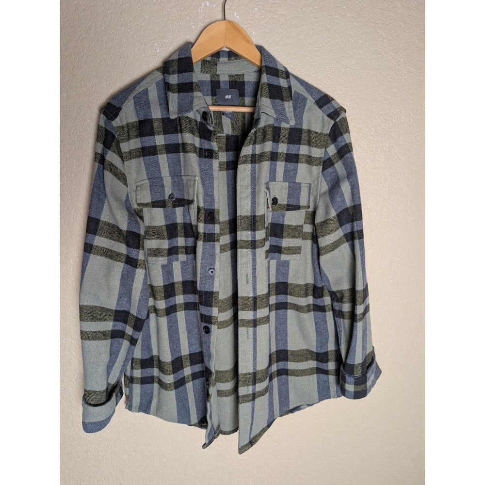 H&M Men's Medium Blue Green Plaid Flannel Shacket Overshirt Grunge